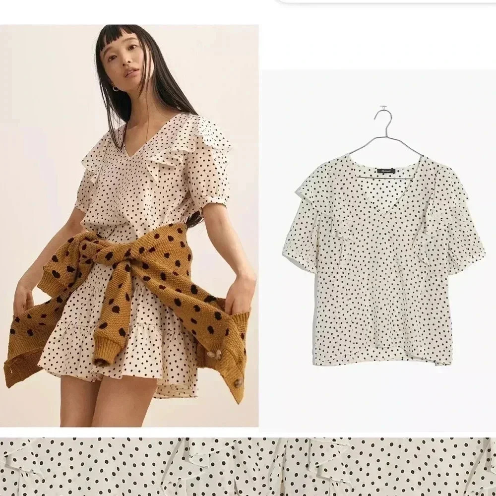 Madewell Silk V-Neck Shoulder-Ruffle Top in Inkbrush Dots Size XS